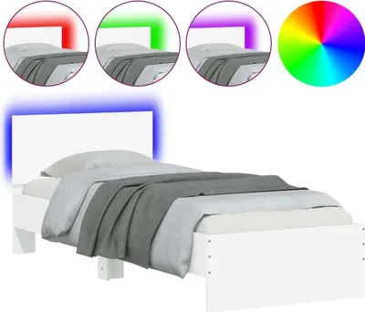 A white bed frame with a blue LED light strip around the headboard, shown from a side angle.