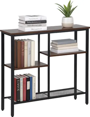 Zdjęcie produktu dla Stolik konsolowy Relaxdays, styl industrialny, wys. x szer. x gł.: 75 x 80 x 22 cm, metal, MDF, wąska konsola do przedpokoju, 4 półki, brązowo-czarny