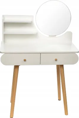 A white vanity table with a round mirror and wooden legs, set against a white background.