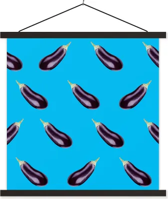 Produktbild von MuchoWow® Textilposter Gemüse - Aubergine - Muster - Blau 120x120 cm mit schwarzem Rahmen - Aufhängungsset