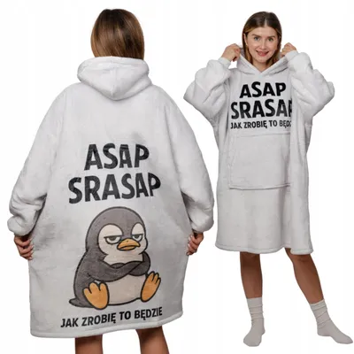 Produktbild von Oversize Deckenpullover XXL - Kuscheldecke mit Ärmeln - Fleece Pinguin Motiv