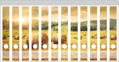 Produktbild von Wallario Ordnerrücken Sticker, selbstklebend für schmale Ordner, 12 Stück, Motiv Strohballen auf dem Feld bei Sonnenuntergang