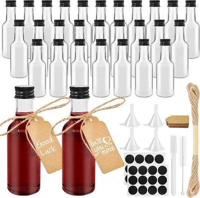 Produktbild von Famanu Mini-Likörflaschen Set 28 Stück 50 ml mit Zubehör – Transparent