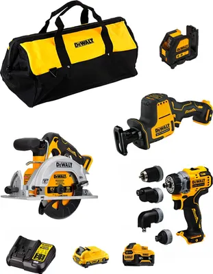 Produktbild von DeWALT Kit D12K404 (DCS512 + DCS312 + DCD703 + DCE088 + 1 x 3,0 Ah + 1 x 5,0 Ah + DCB107 + Tasche)