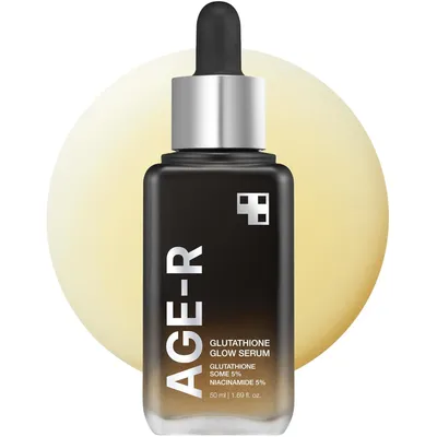 A bottle of AGE-R Glutathione Glow Serum is shown against a soft yellow and white background.