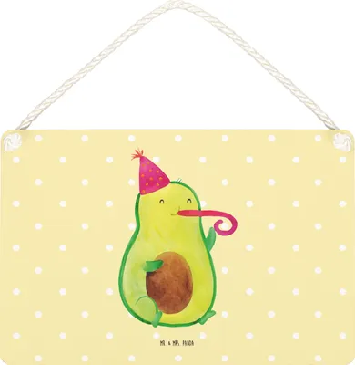 Produktbild von Mr. & Mrs. Panda holzbild Avocado Feier DIN A4 - Gelb Pastell - Geschenk, Wandbild Holz, Party, Geburtstag, kleine aufmerksamkeit, Tröte, Deko, Türschild, Schild