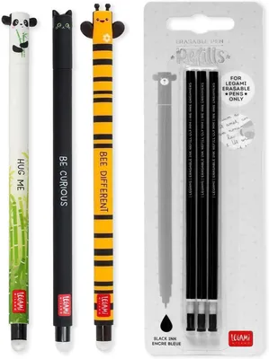 Produktbild von LEGAMI Set mit 3 radierbaren Gelstiften + 3 schwarzen Nachfüllminen, mit thermoempfindlicher Löschtinte, verschiedene Tintenfarben und Schaftdesigns, 0,7 mm Spitze, Panda, Katze und Bienen-Design