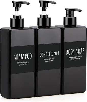 Immagine prodotto di Set di 3 flaconi ricaricabili Unyqoos® da 500 ml – dispenser in PET nero con etichette (shampoo, bagnoschiuma, balsamo), a prova di perdite