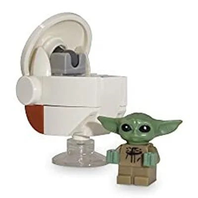A LEGO Star Wars Grogu figure with his floating pod.