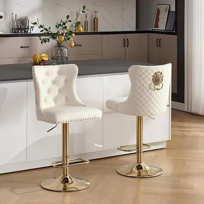 Imagen del producto de Löwenring: Juego de 2 taburetes de bar, tapizados en terciopelo, con altura ajustable, en color dorado y blanco