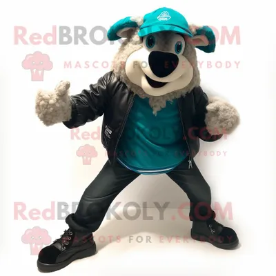 Produktbild von Türkisfarbenes REDBROKOLY Suffolk-Schaf Maskottchen kostüm gekleidet in eine Lederjacke und Fußpolster