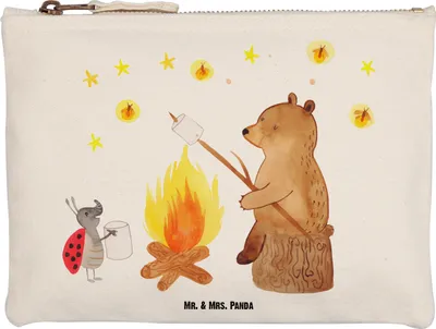 Produktbild von Mr. & Mrs. Panda Etui Bär & Marienkäfer Lagerfeuer Größe M - Weiß - Geschenk, Kulturbeutel, Pouch, Stifteetui, Mäppchen, Teddy, kosmetiktäschchen