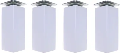 Four white square furniture legs with silver tops are arranged in a row against a white background.
