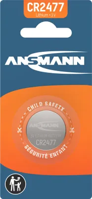 Packaging for a single ANSMANN CR2477 Lithium battery.
