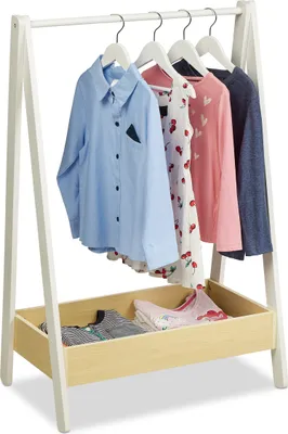 Produktbild von Relaxdays Kleiderständer Kinder, Standgarderobe, HxBxT 99x64,5x42,5 cm, Kleiderstange & Ablage, Kinderzimmer, weiß/natur