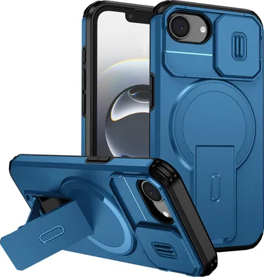 Image de Étui magnétique pour iPhone 16e/iPhone 17e, étui double couche résistant avec protection coulissante pour l'appareil photo et support réglable Bleu