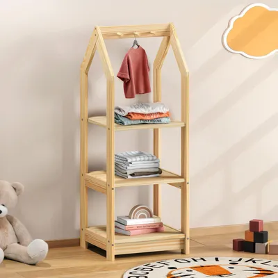 Produktbild von Kinder Regal SALLY Hausform, natur - Montessori Kinderregal mit 3 Ablageböden, praktische Haken zur Organisation. Regale Kinderzimmer, Kindermöbel, Kindergarderobe
