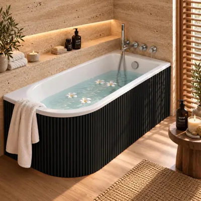 Produktbild von AQUA for you | Badewanne - Besco Jollin - asymmetrische Eckbadewanne - 160x75 cm - rechts - Schwarz matt - mit geriffelter Acrylschürze, Badewannenverkleidung