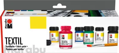 Obrázok produktu pre Marabu 1716000000087, Čierna, Modrá, Zelená, Červená, Biela, Žltá, farba na textil, Tekuté, 90 ml, 6 kusov