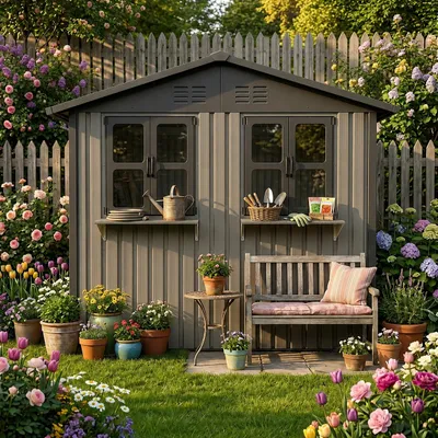 Immagine prodotto di Casetta da giardino in metallo 254,2 x 170,2 cm (4,33 m²) in acciaio zincato, doppia porta, 2 finestre apribili, supporto fiori, marrone, Immagine generata dall'IA