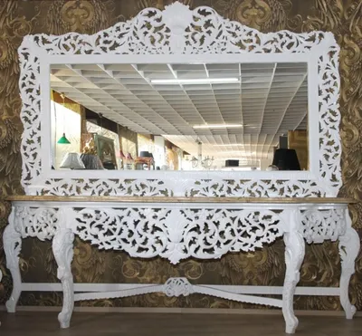 Produktbild von Riesige Casa Padrino Barock Spiegelkonsole Weiß mit cremefarbener Marmorplatte - Luxus Wohnzimmer Möbel Konsole mit Spiegel