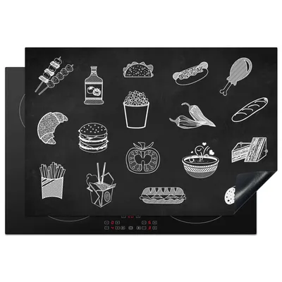 Produktbild von KitchenYeah© Herdabdeckplatte Schwarz - Weiß - Essen , 78x52cm, Küche Deko, Glaskeramikkochfeld Herdabdeckung, Abdeckplatte fùr Kochfeld