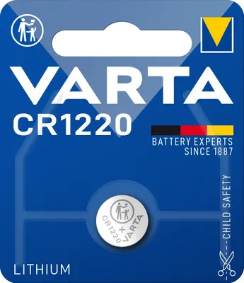 The image shows the packaging of a Varta CR1220 lithium battery.