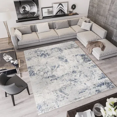 Produktbild von Teppich Kurzflor Modern Design Schlafzimmer Wohnzimmer Vintage Meliert Blau Grau Creme 140 x 200 cm