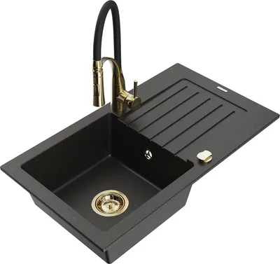 Produktbild von Mexen Pablo 1 Becken-Granitspüle mit Abtropffläche und Mischbatterie Aster, Schwarz/Gold metallisch - 6510-75-73450-57-G