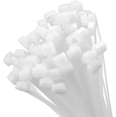 Immagine prodotto di Fascette stringicavo, colore bianco, lunghezza 450 mm, larghezza 9 mm, confezione da 100 pezzi, resistenza alla trazione di 114 kg, resistenti ai raggi UV