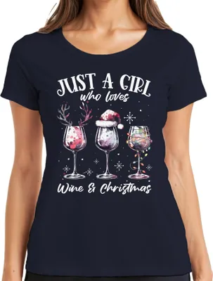 Produktbild von Just a girl who loves wine and christmas Weintrinker - Weihnachten Weihnachtsgeschenk Damen T-Shirt, Navy, M