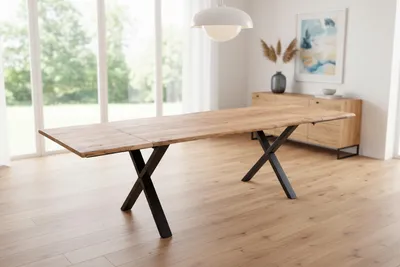 Produktbild von Esstisch mit Ansteckplatten 180(280)x90 cm Baumkante Akazie natur X-Gestell schwarz AVINO