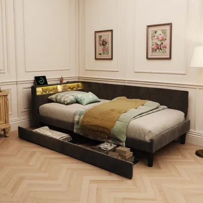 Produktbild von UnboxG Polsterbett 90x200 cm mit Stauraum im Kopfteil, LED-Beleuchtung, USB & Type-C, 2 Schubladen, Samtstoff Grau, Einzelbett Jugendbett Funktionsbett