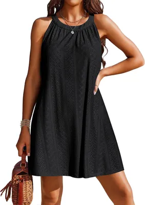 Produktbild von Schwarzes Strandkleid für Damen mit Halstiefe Ausschnitt, Mesh-Details und A-Linien-Schnitt, Größe M