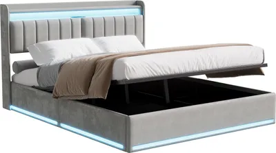 Image de ProximaX Lit rembourré 140x190 cm velours gris avec connexion USB & tête de lit avec rangement - Lit double moderne avec espace de rangement, confort & design élégant