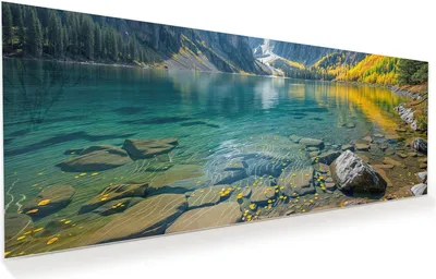Produktbild von Glasbild 150x60cm in XXL für Wohnzimmer, Schlafzimmer Motiv Bergsee im Herbst
