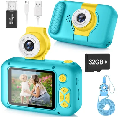 Obrázok produktu pre Detská kamera pre dievčatá a chlapcov vo veku 3–12 rokov, kamera 1080P s otočným objektívom 180°, 2,4-palcový IPS displej, 32 GB pamäť, hry a filtre