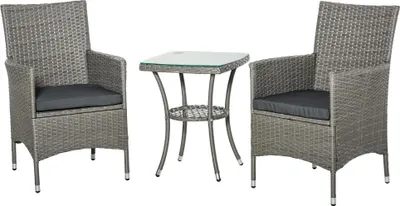 Image de Ensemble de mobilier de jardin en rotin Zerboco, 3 pièces, ensemble de bistrot avec table d'appoint, mobilier de balcon, ensemble de sièges, 60 x 58,5 x 89,5 cm