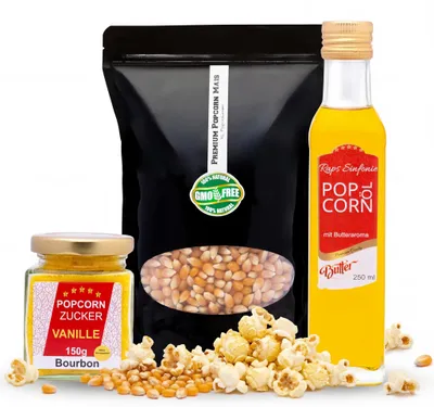 Produktbild von Hopser Funfood Popcorn Set Popcornmais Popcornöl Butteraroma & Vanillezucker