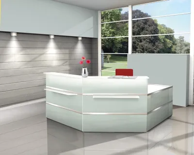 Produktbild von Kerkmann Design-Theke Theke Atlantis Glas 2-seitig schräg (B)2500x(T)2500x(H)1080mm ohne Seitenblende (Mittelteil)-ohne LED-Leuchtleiste-ohne Taschenablage