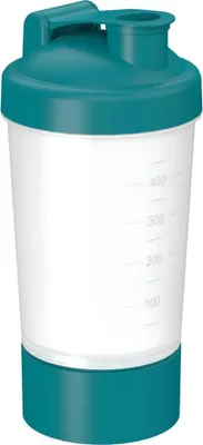 Produktbild von Shaker 400 ml "Protein" Pro 1 - Fitness Shaker für Eiweiß- & Sportgetränke - Gym Shaker mit herausnehmbarem Sieb & abnehmbarem Fach - transparent/teal
