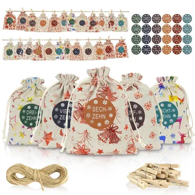 Immagine prodotto di Calendario dell'Avvento da riempire, 24 sacchetti di juta di 13x18 cm con numeri adesivi, calendario di Natale fai-da-te, color beige