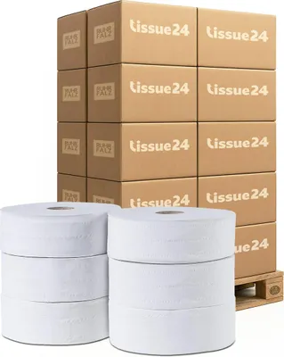 Produktbild von Jumbo-Toilettenpapier 2-lagig Recycling – 380 m, 6 Rollen/VE, Palettenware (42 VE), ideal für stark frequentierte Bereiche