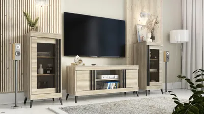 Produktbild von COSMO Wohnwand TV-Schrank Set auf Beinen, Wohnzimmerset, Fernsehtisch und 2 Vitrinen - Canyon Eiche