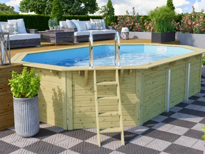 Produktbild von Holzpool SET Achteck Langform Folie sandfarben 6,10 x 4,00 x 1,24 m