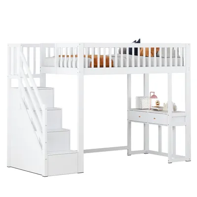 A white loft bed with stairs and a desk underneath, set against a white background.