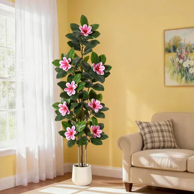 Image de Magnolia artificielle, 180 cm - Rose - Plante d'intérieur réaliste pour la maison, le bureau et la terrasse, ne nécessitant aucun entretien