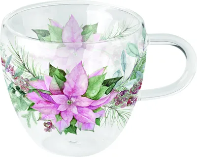 Obrázek produktu pro Vánoční dvoustěnný skleněný pohár 0,2 l Růžová poinsettia Vánoční hvězda růžová Objem 0,2 l