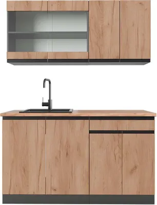 Produktbild von Singleküche Vicco R-Line Goldkraft Eiche/Anthrazit 140 cm J-Shape, AP Eiche, Model 42887