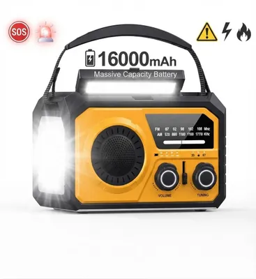 Produktbild von Notfallradio Kurbelradio 16000mAh, AM/FM/NOAA Wetterradio mit Bluetooth 5.3, LED Taschenlampe, Leselampe, Powerbank für Outdoor und Krisenvorsorge